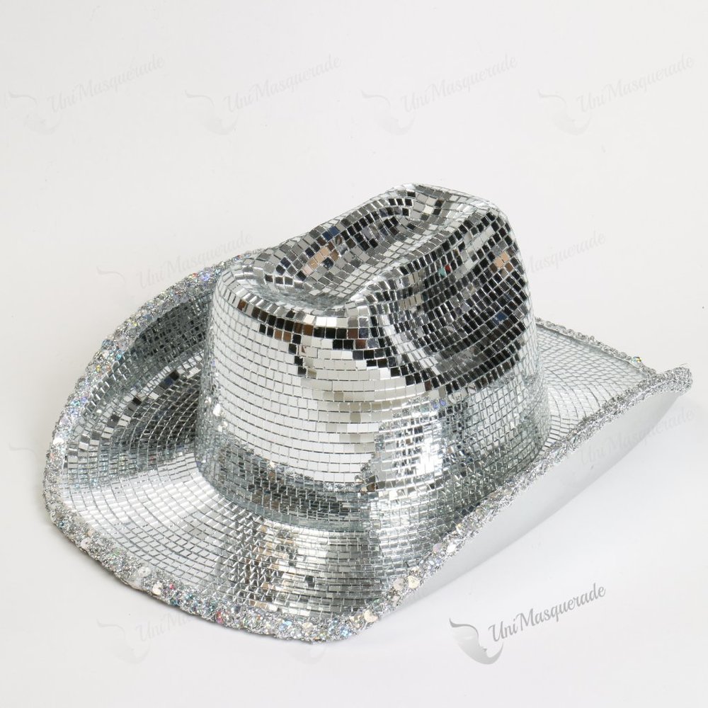Silver Cowboy Cowgirl Hat with Shiny Disco Ball Mirrors for a Rave Party Twist
